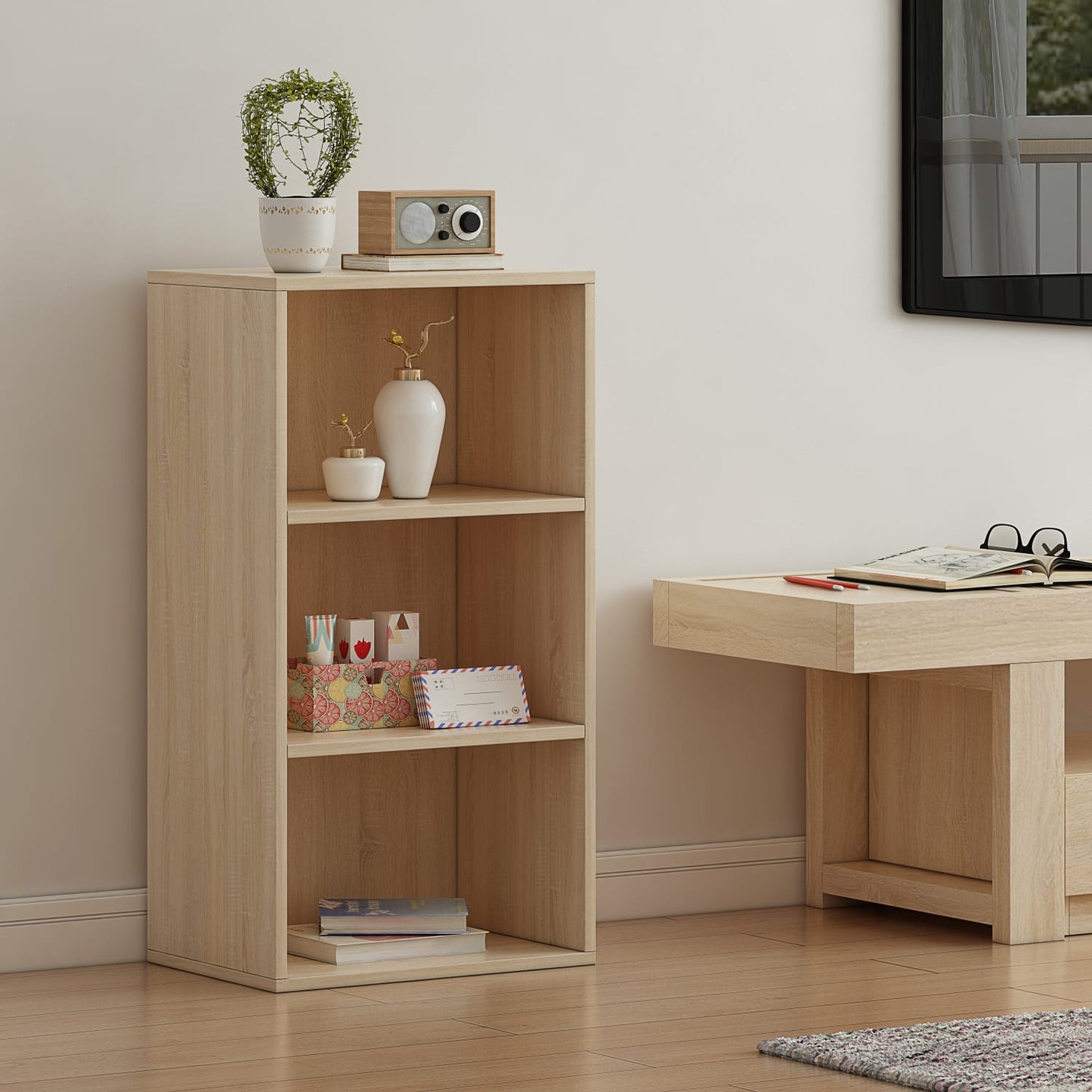 Modern Oak Wood Cube Bookcase 3 Tier