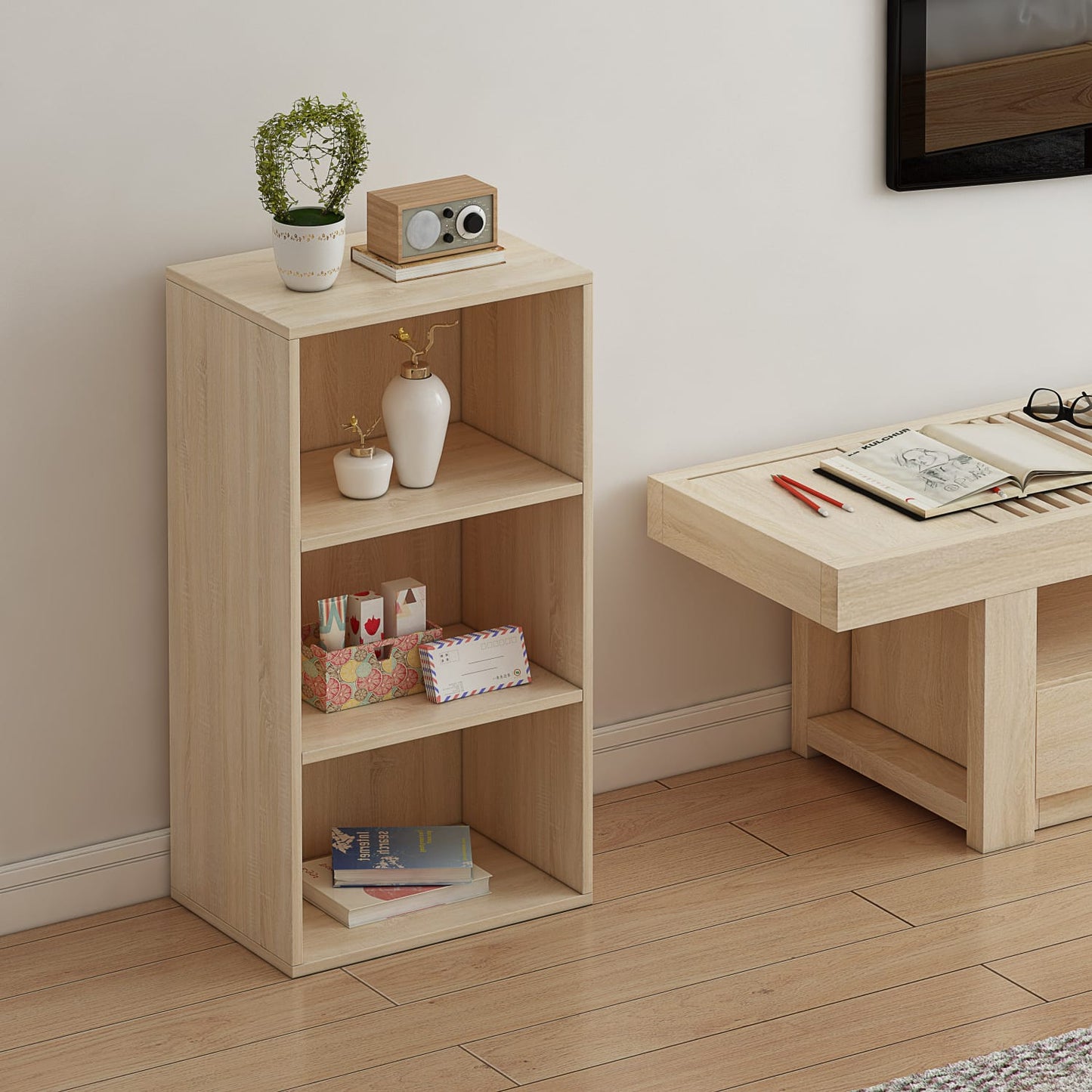 Modern Oak Wood Cube Bookcase 3 Tier